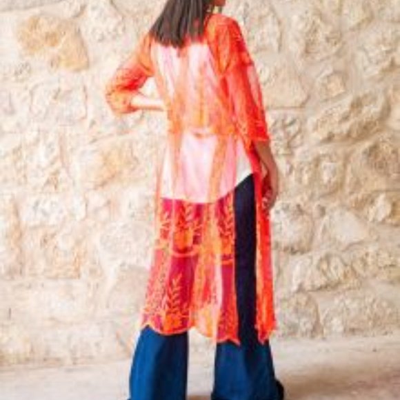 Coral Lace Duster with 3/4 Sleeves Kimono - Picture 5 of 7